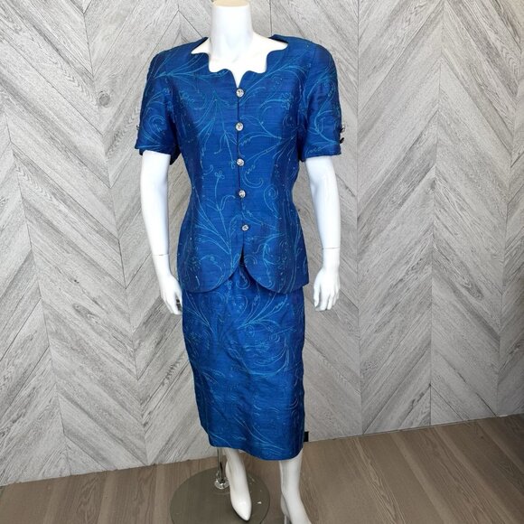 Francoise Grenon Jackets & Blazers - VTG 80s Skirt Suit Set Glam Power Cocktail Party Business Blue Rhinestone M/L